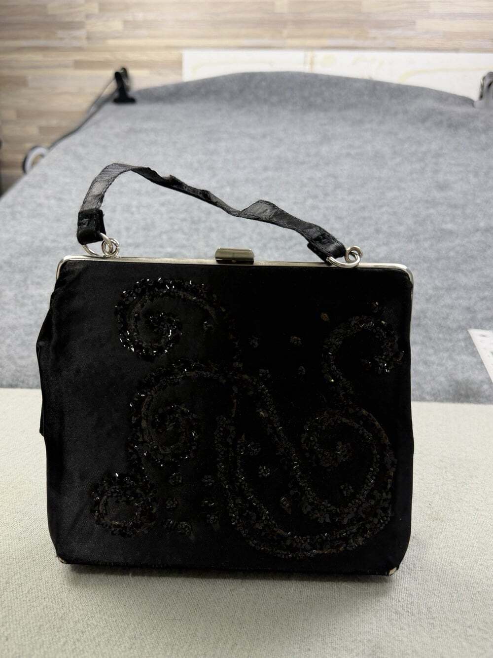 1950s Vintage Black Satin Beaded Evening Bag Sequin Cocktail Purse